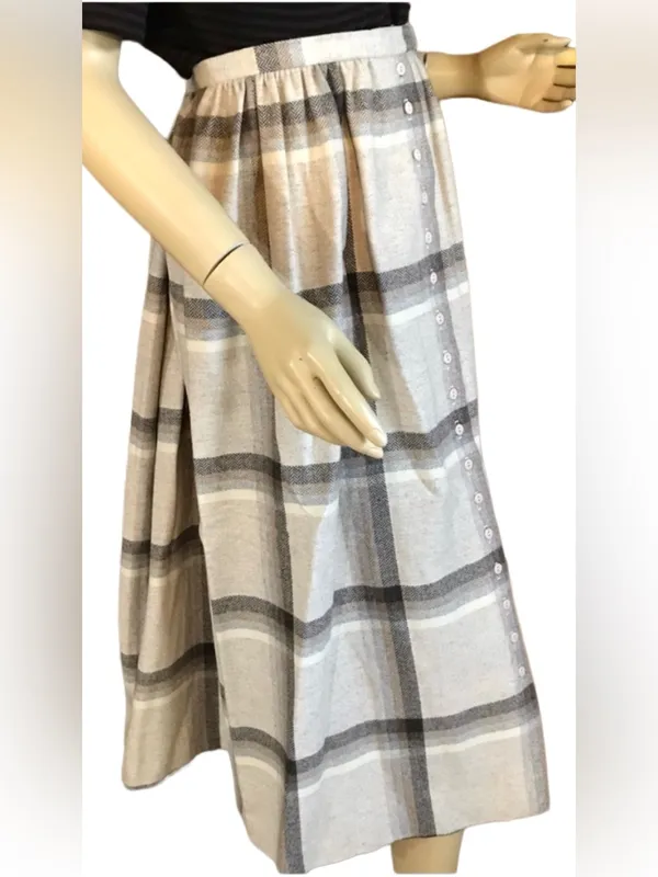 Vintage 1980'S Century Beige & Brown Plaid Wool Midi Skirt (12) - Image 4