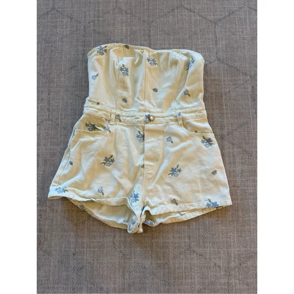 Le Lis Cream Floral Embroidered Smocked Strapless Romper Large - Image 2