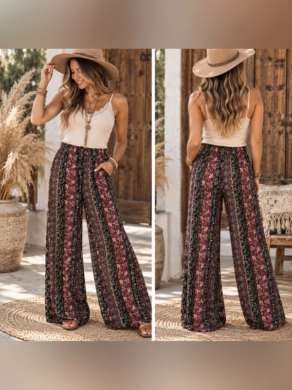 dressbarn Burgundy & Black Boho Wide-Leg Paisley Pants - Image 2