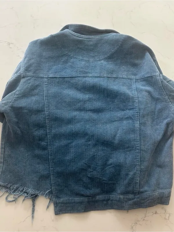 POL Clothing Blue Distressed Frayed Hem Corduroy Trucker Jacket M EUC - Image 3