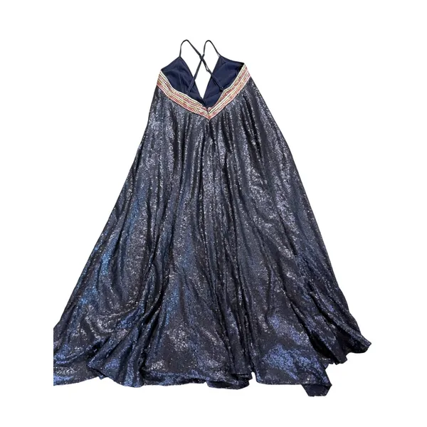 AQUA Happily Grey Sequin Maxi‎ Dress Womens Small Navy Striped Glam Formal Boho - Image 8