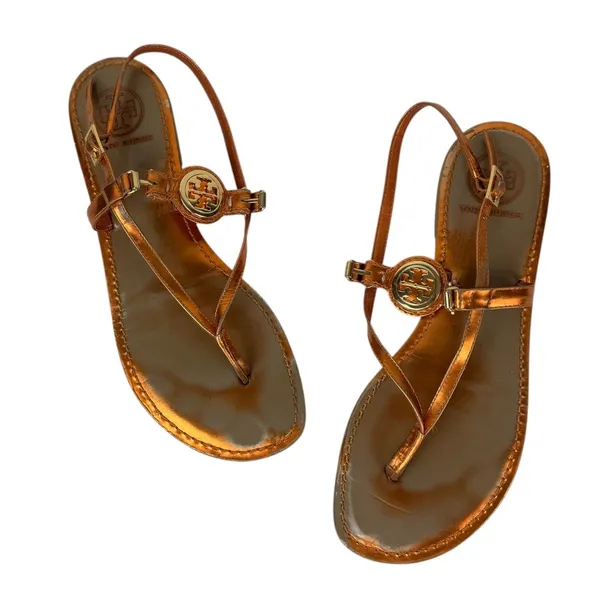 Tory Burch Ali Metallic Orange Sandals Sz 8 Strappy Logo Thong Flats - Image 4