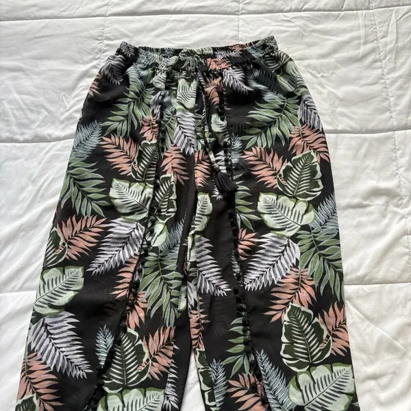 Womens Wide Leg Floral‎ Tropical Beach Summer Cover Up Flowy Drawstring Green - Image 9