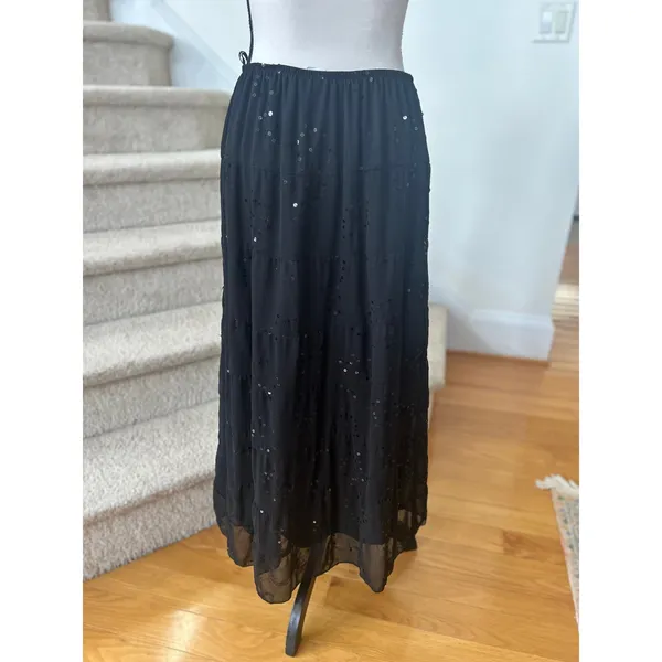 Vintage Y2K Black Sequin Embroidered Floral Tiered Whimsygoth Fairy Midi Skirt - Image 4