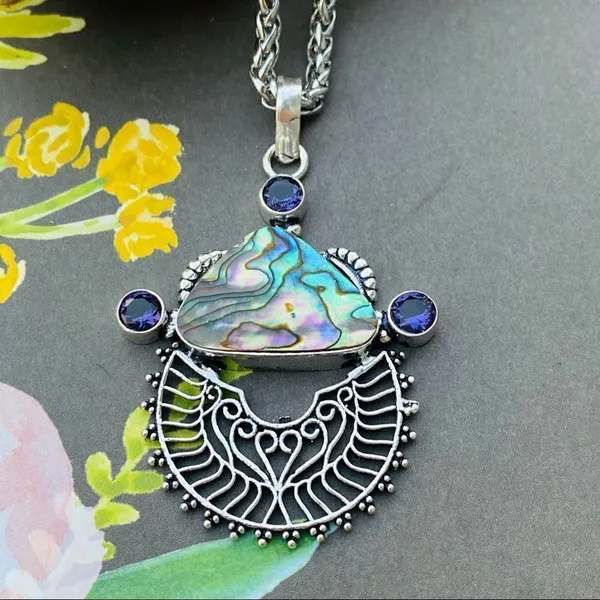 Handmade Abalone Shell & Amethyst Wheat Chain Necklace - Image 2