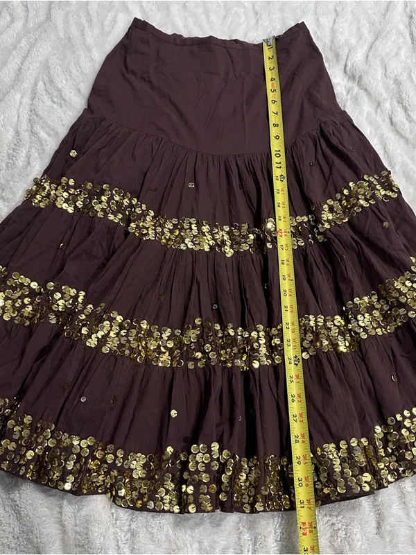 Wet Seal Brown Sequin Tiered Midi Skirt Boho Festival Y2K Size Small - Image 4
