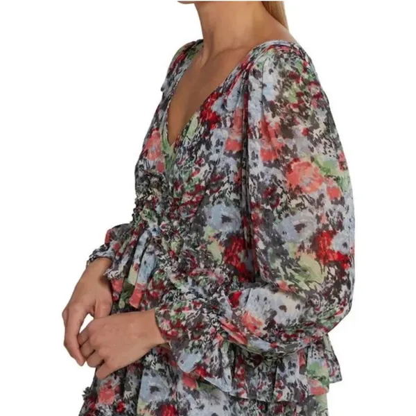Cinq à Sept Women's Lewis‎ Long Puff Sleeves Floral Georgette Mini Dress Blue 0 - Image 2