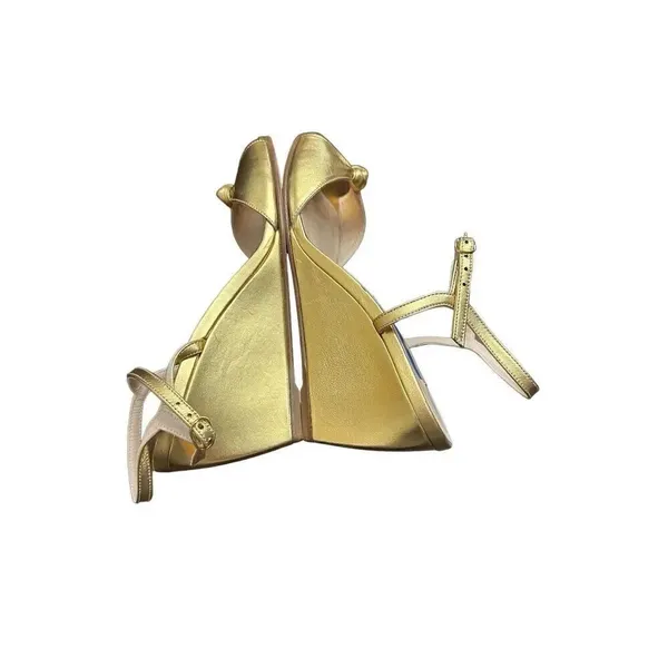 $425 Stuart Weitzman Gloria Leather Wedge Sandal Platino Metallic 71/2 - Image 5