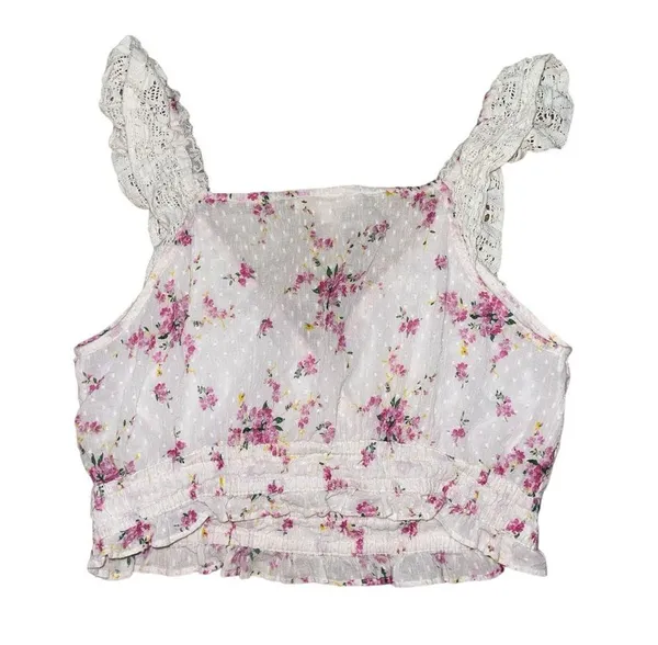 Love Shack Fancy white pink floral lace crochet sleeve crop tank women’s size L - Image 2
