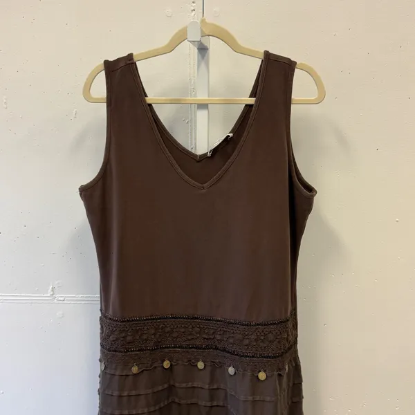 Katherine Barclay‎ Brown Tiered Midi Maxi Dress XL Crochet Lace Coin Detail Boho - Image 3