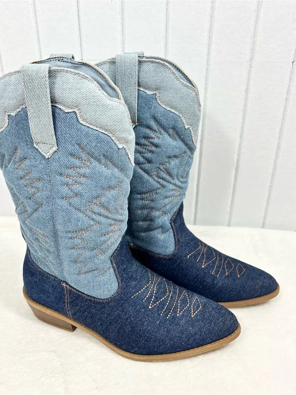 C. Est 1946 Denim Two-Tone Cowboy Heeled Boots Blue Wide Calf Size 7 - Image 6