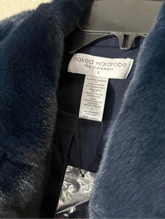 NEW Naked Wardrobe Navy Blue Faux Fur Collar Belted Long Coat Small Winter Lux - Image 8