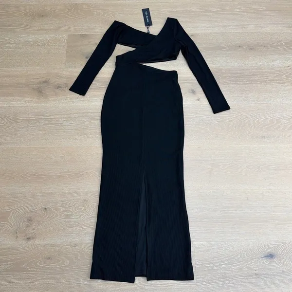 White Fox Maxi Dress Long Sleeve Ribbed Hot Right Now Size L Black - Image 5