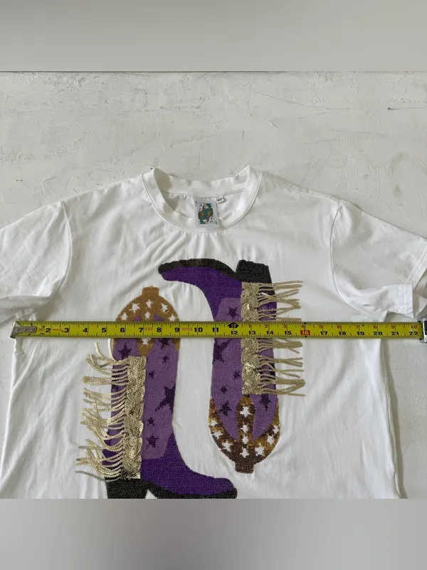 Queen of Sparkles Womens Medium Purple Sequin Cowboy‎ Boot Fringe Western Tee XS - Image 8