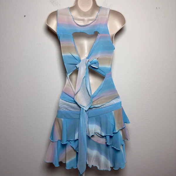 Women Y2K Indie Fairy Mini Dress Small Blue Chiffon Blue‎ Pink Ombre Mesh Cutout - Image 4