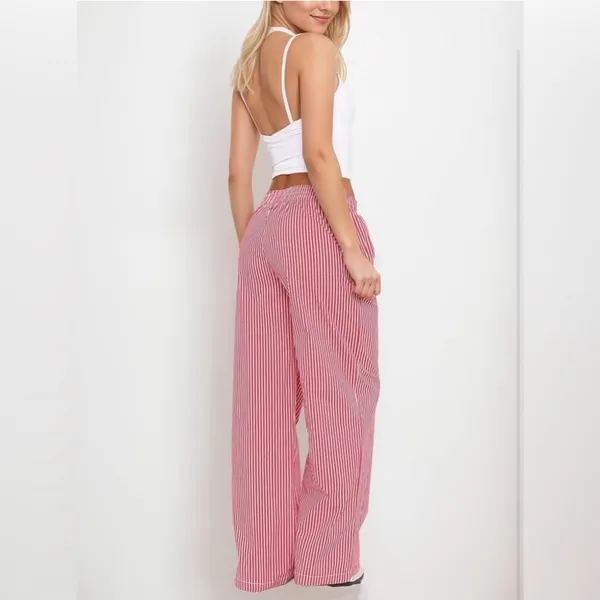 NEW Elastic Striped Y2K Wide Leg Low Waist Lounge Pants Pockets M - Image 5