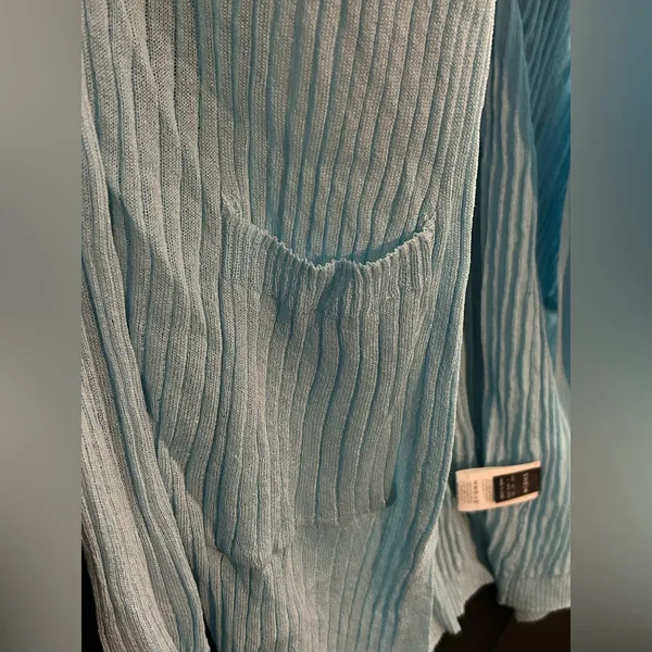 SHEIN Light Blue Ribbed Long Length Cardigan Pockets Lightweight - Image 3