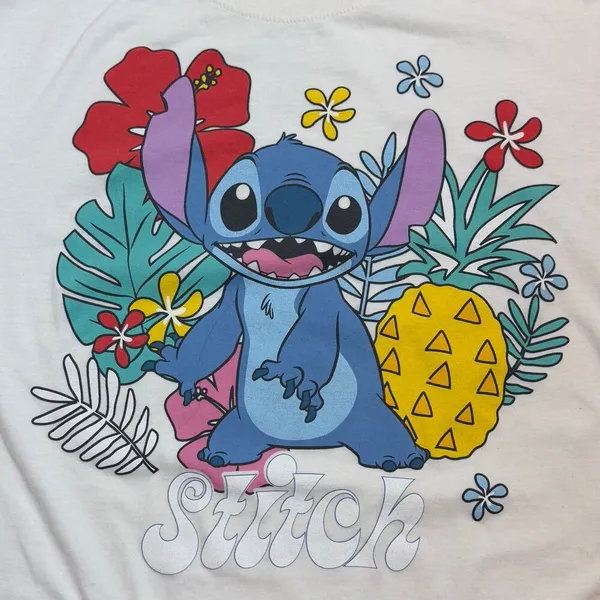 Disney Stitch Large Printed White Tropical Trendy Casual Short Sleeve T-Shirt - Image 6