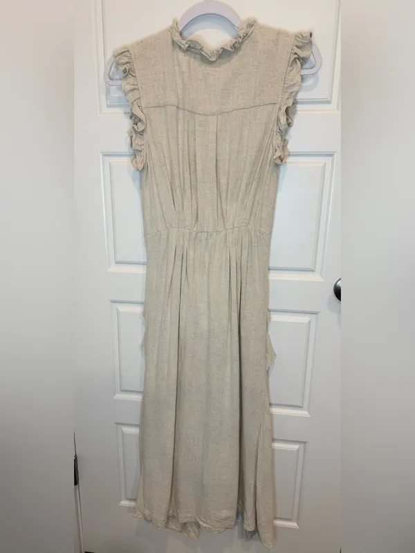 MABLE Beige Linen Draped Corpcore Button-Down Midi Dress S Wrap Anthro - Image 8
