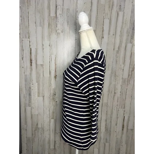 L.L.Bean Women's Medium Navy/White Striped 3/4 Sleeve Boat Neck Blouse‎ - Image 8