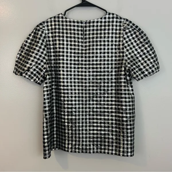 NWT J. Crew Silver/Black Gingham/Plaid Short Sleeve Metallic Top Size Small - Image 5