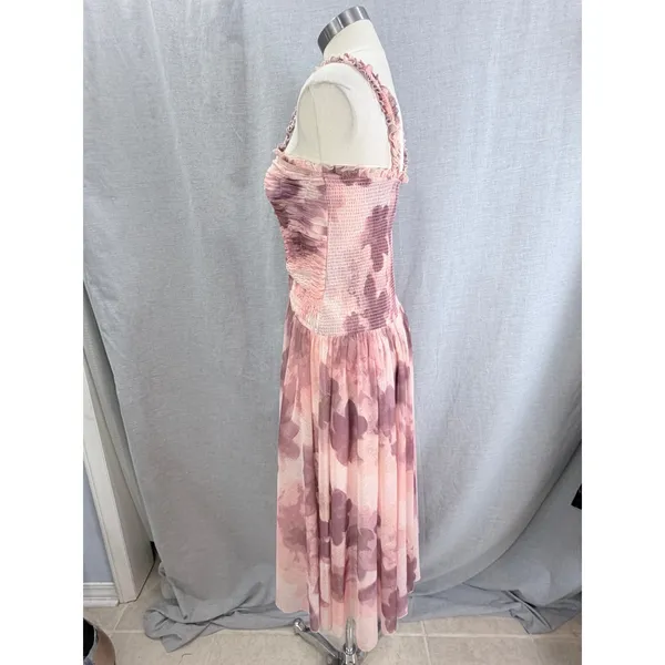 NWT Free People Tessa Smocked Assymetrical Ruched Midi Dress Pink‎ Floral M - Image 9