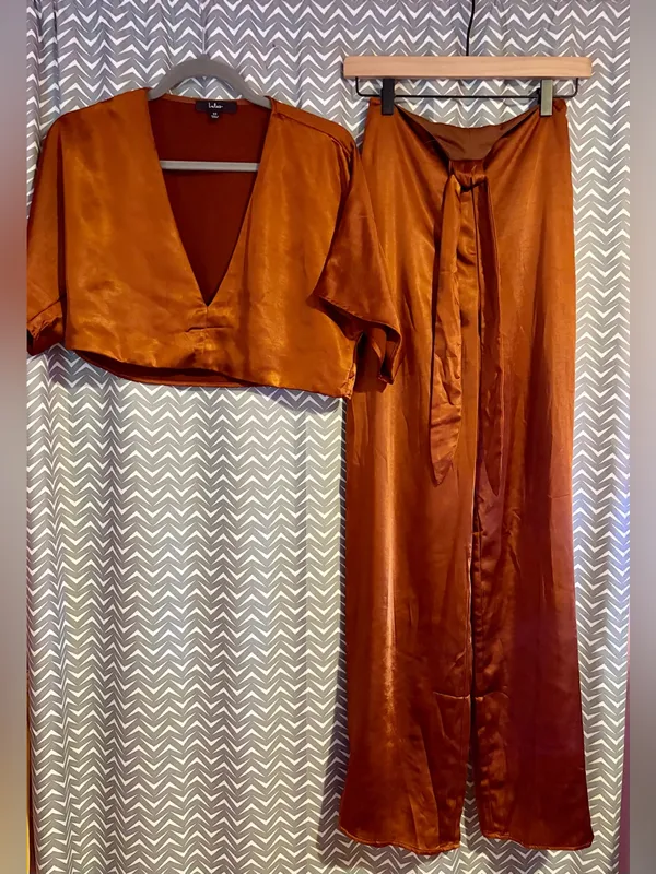 Lulus | Flirt For Fun Rust Brown Tie-Front Two-Piece Wide-Leg Jumpsuit, XS - Image 5