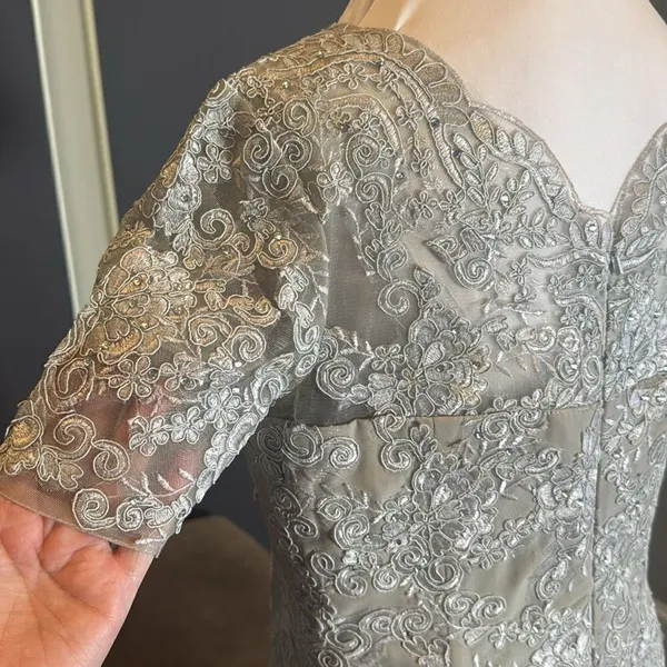 Women’s Full Length Gray Chiffon & Lace Appliqué Formal Dress Zip Back Size 10 - Image 13