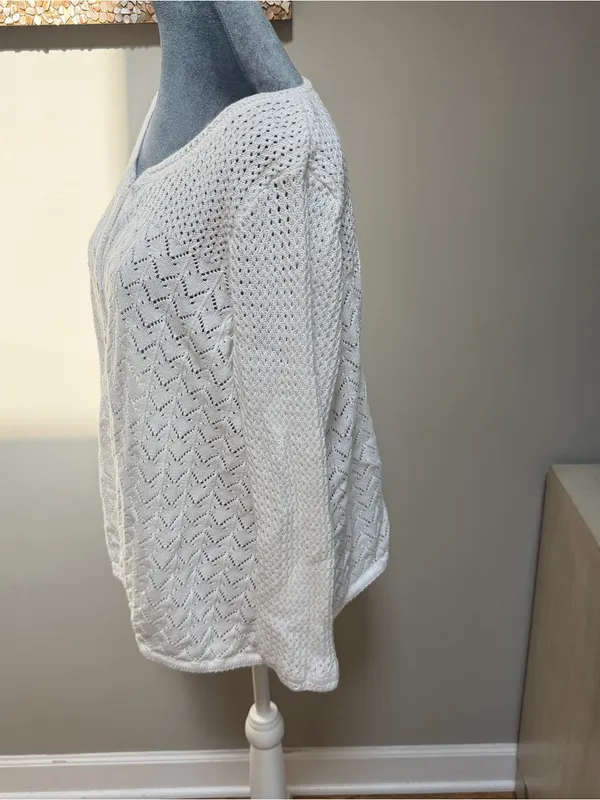 LL Bean White Pointelle Linen Cotton Cardigan 1X Crochet Feminine Grandmacore - Image 3