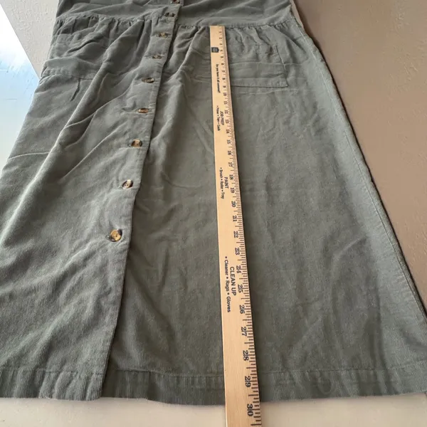 Vintage Style Sage Green Corduroy Button-Front Midi Pinafore Dress Pockets Fall - Image 7