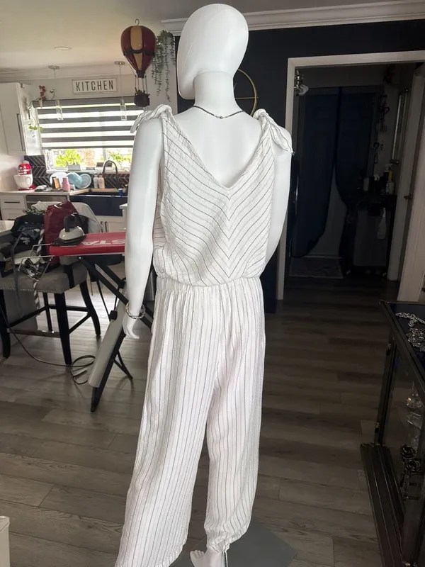 4OUR DREAMERS White Pinstripe Linen-Blend Tie-Shoulder Jumpsuit - Image 3