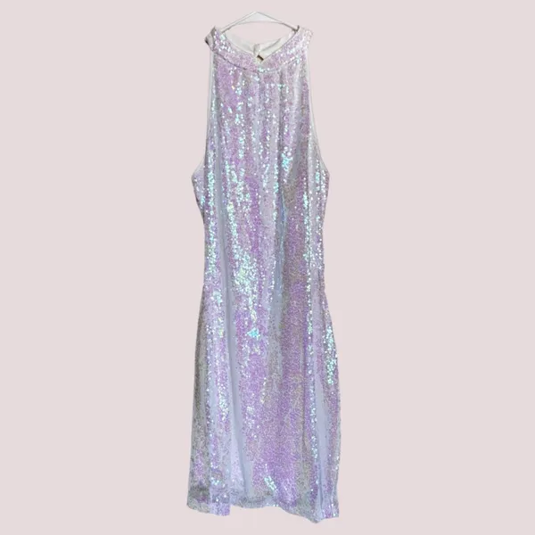 NWOT Iridescent Sequin Halter Dress – Size Small White - Image 3