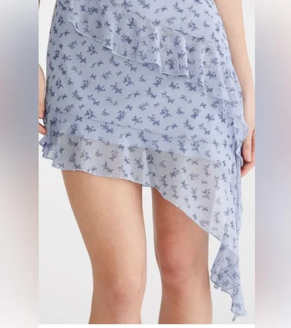 NWT Aeropostale Blue Floral Butterfly Tie Neck Asymmetrical Bodycon Dress - Image 4