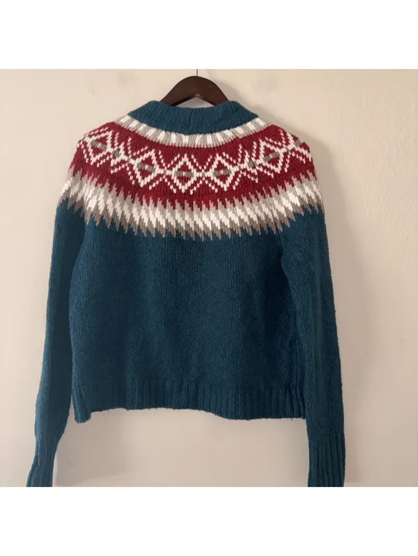 American Eagle Fair Isle Yoke Sweater - Teal Blue - Size M - Cotton Blend - Image 5