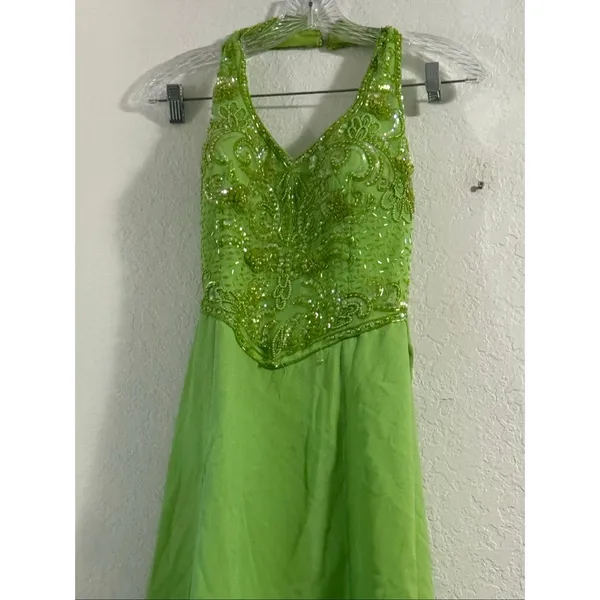 Vintage Alyce Designs Lime Green High Slit Formal Dress Sequins 6 prom wedding - Image 4