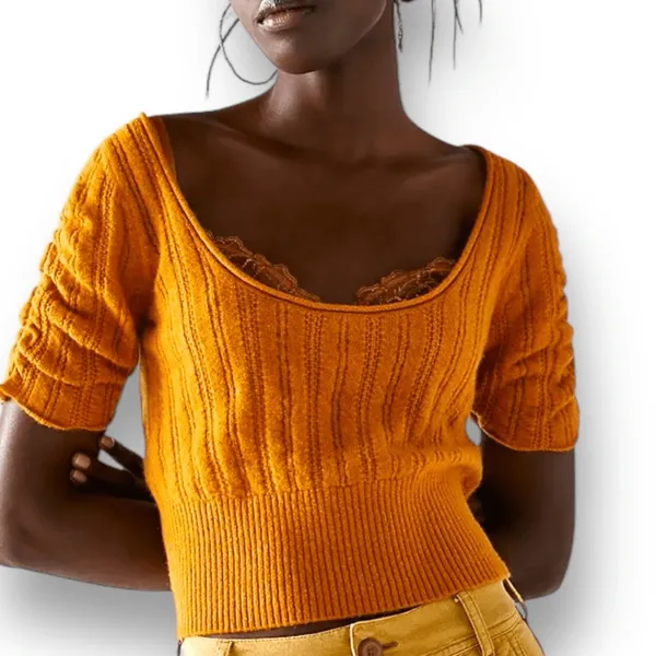 Free People Ava Cashmere Cropped Scoop Neck Sweater Short Sleeve‎ Goldenrod XS - Image 11
