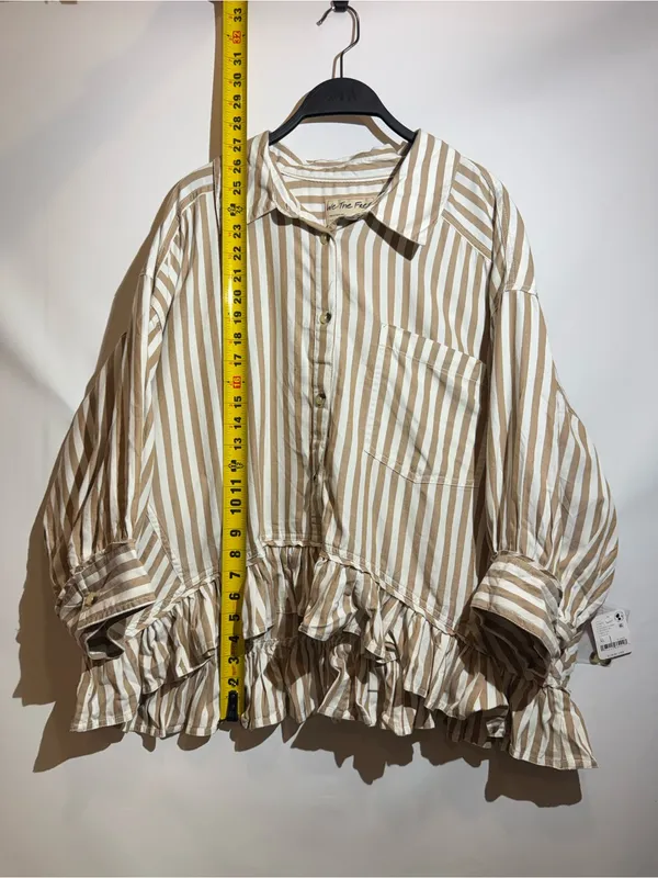 NWT Free People Bailey Navy Stripe Ruffle Hem Cotton Button Up Shirt XL - Image 4