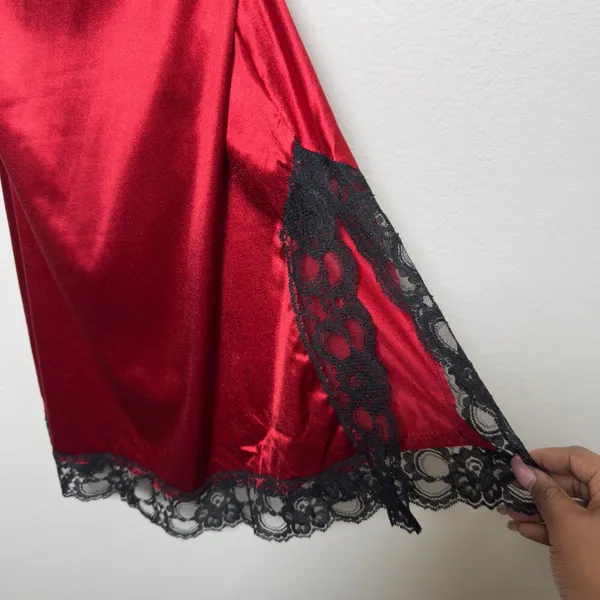 VTG 90s Victoria Secret Women Slip Dress 34C Cherry Red Lace‎ Trim Bustier Vamp - Image 8
