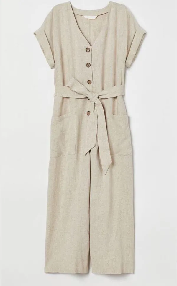 H&M Beige Linen Blend V Neck Button Front Jumpsuit Romper Size XL - Image 4