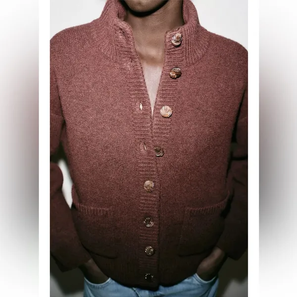 Zara NWT brown button front knit sweater cardigan bomber jacket - Image 5