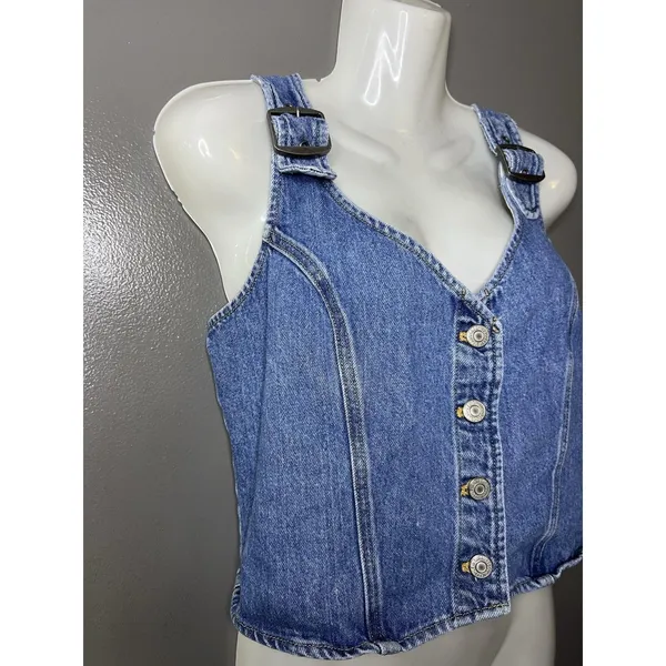 Levi's Tank Top Womens Medium Blue Denim Button Front Buckle Strap Cropped - Image 2
