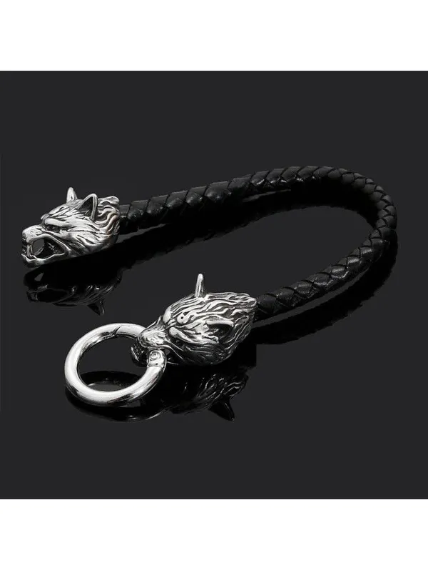 Viking Wolf Head Leather Bracelet 8.2 inches Black - Image 2