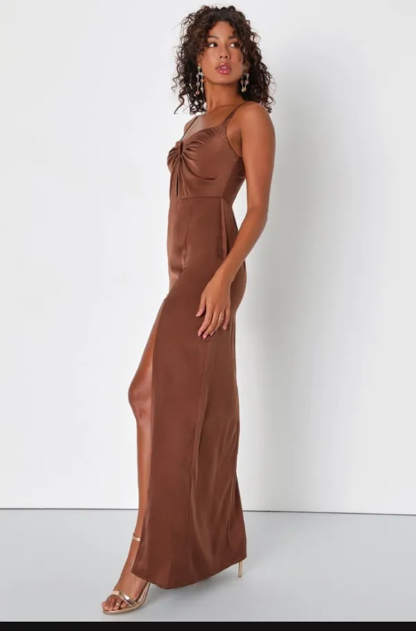 Lulus Brown Satin Maxi Dress - Image 4