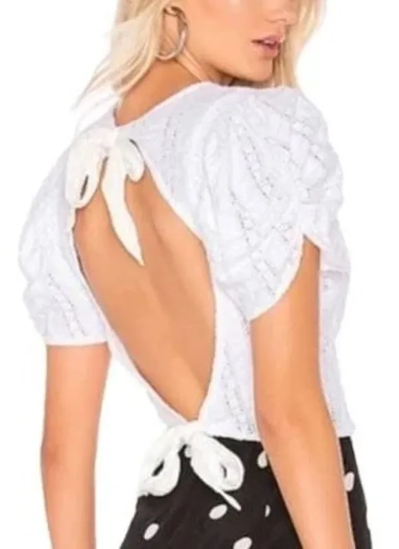 Free People S StarStruck white open back crop top Puff Shoulder eyelet lace bow - Image 2