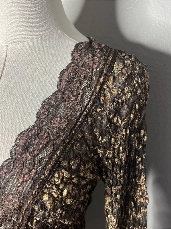 Y2K Vintage Ann Ferriday Chocolate Brown Floral Lace Tie Front Cardigan Top - Image 6