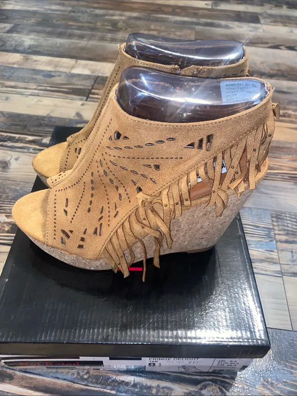 Not Rated Tan Suede Fringe Delight Laser-Cut Cork Wedge Sandals - Image 3