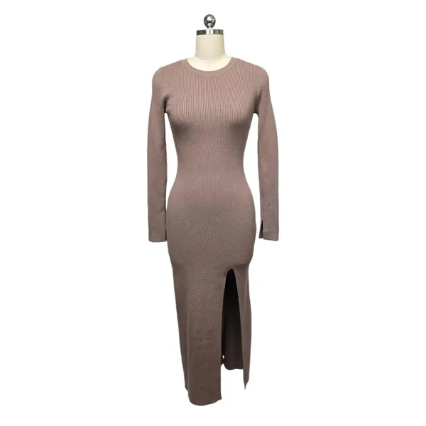 Abercrombie & Fitch Fall Soft A&F Collection Ribbed Maxi Slit Dress XXSP Taupe - Image 3