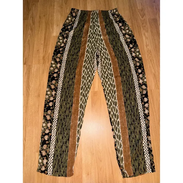Vintage Mixed Print Wide Leg Pants Olive Green Boho Rayon Large - Image 4
