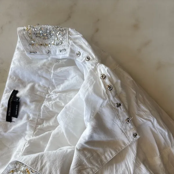 BCBGMaxAzria Vintage Y2K White Tiered Boho Midi Skirt Beaded Sequin Size Small - Image 5
