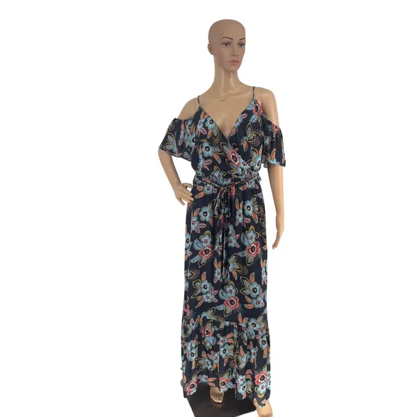 Ann Taylor Loft Floral Cold Shoulder Maxi Dress Navy Blue‎ Large Wrap Tie Waist - Image 2